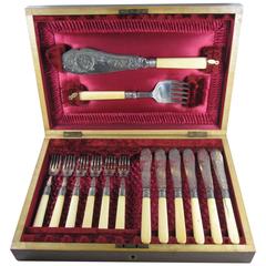 Antique English Sheffield Bone and Silver-Plate Cased Fish Flatware Service for Six