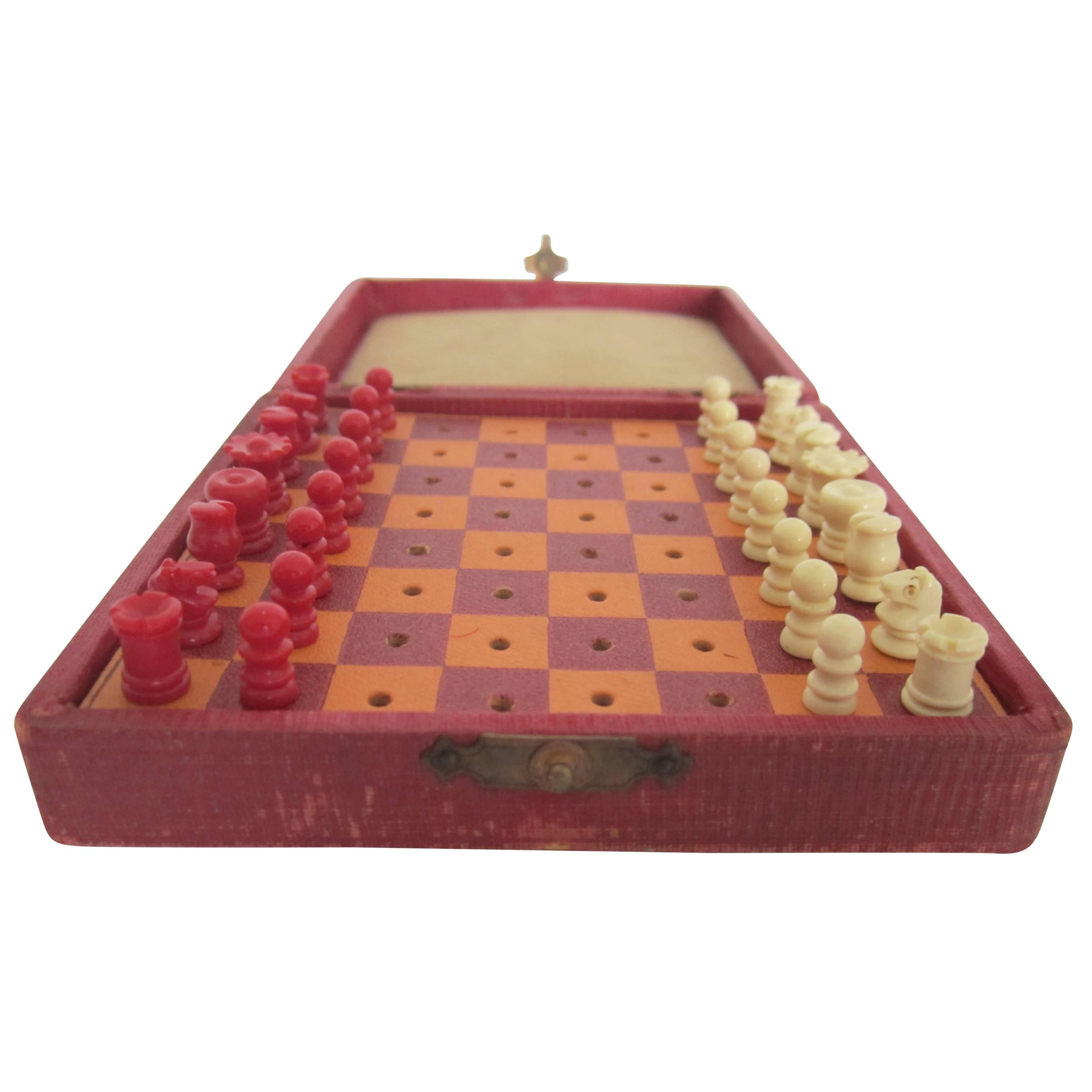 Mini Red Travel Chess Game Set, Circa 1920s