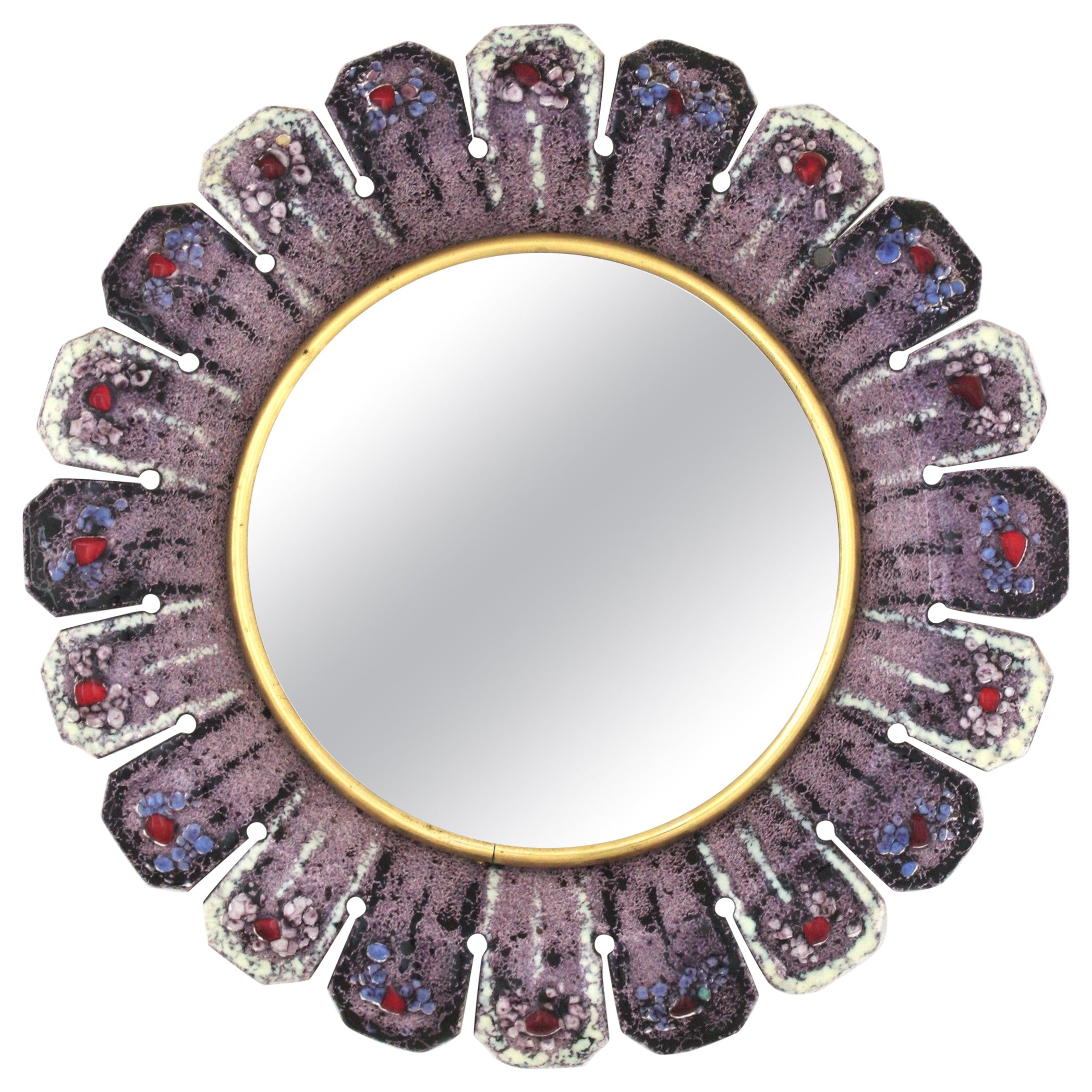 Enamel and Metal Flower Sunburst Mirror in the Style of François Lembo, 1950s For Sale