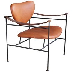 Wrought Iron and Leather Lounge Chair in the Style of Finn Juhl