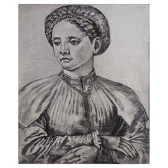 Vintage Pencil Study Old Master Portrait Drawing