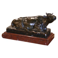 Französische Bronze-Skulptur einer laufenden Kuh aus dem 19. Jahrhundert auf Marmorsockel, signiert R. Bonheur