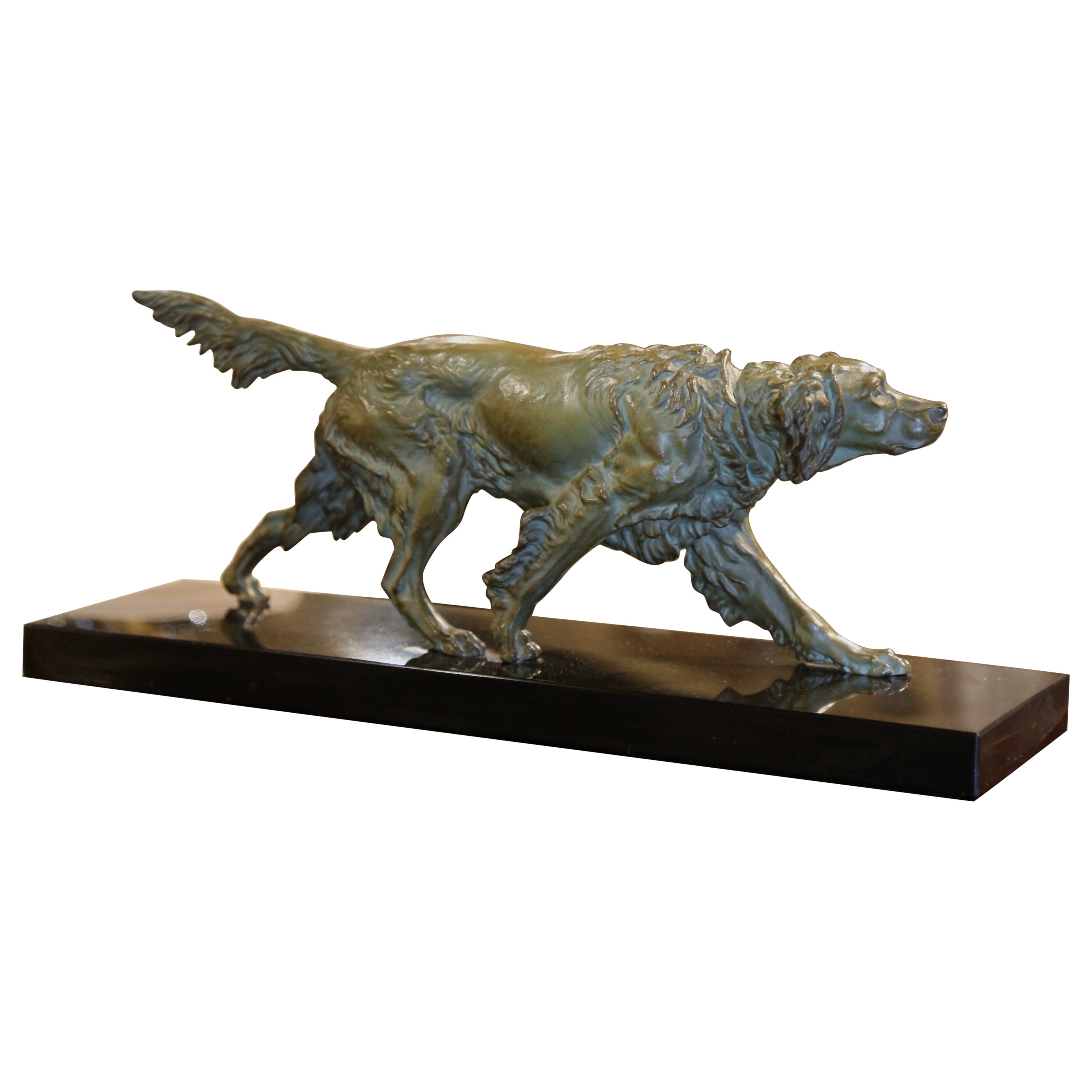 19th Century French Verdigris Spelter Pointer Dog Sculpture on Marble Base