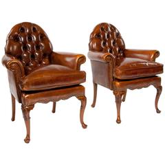 Pair of Antique Leather Walnut Armchairs