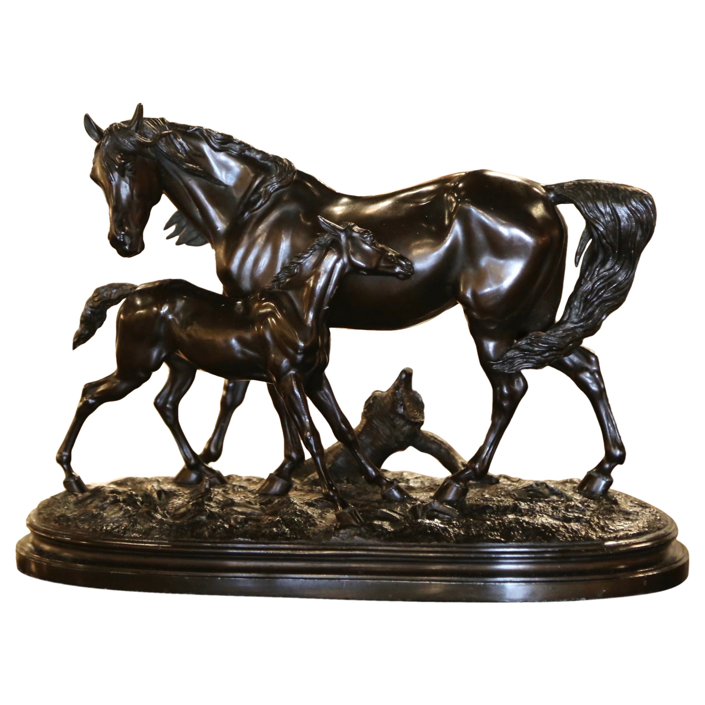 Sculpture française du 19ème siècle en acier patiné représentant un cheval et une charrue, d'après P.J. Mêne