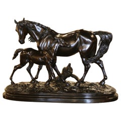 Sculpture française du 19ème siècle en acier patiné représentant un cheval et une charrue, d'après P.J. Mêne