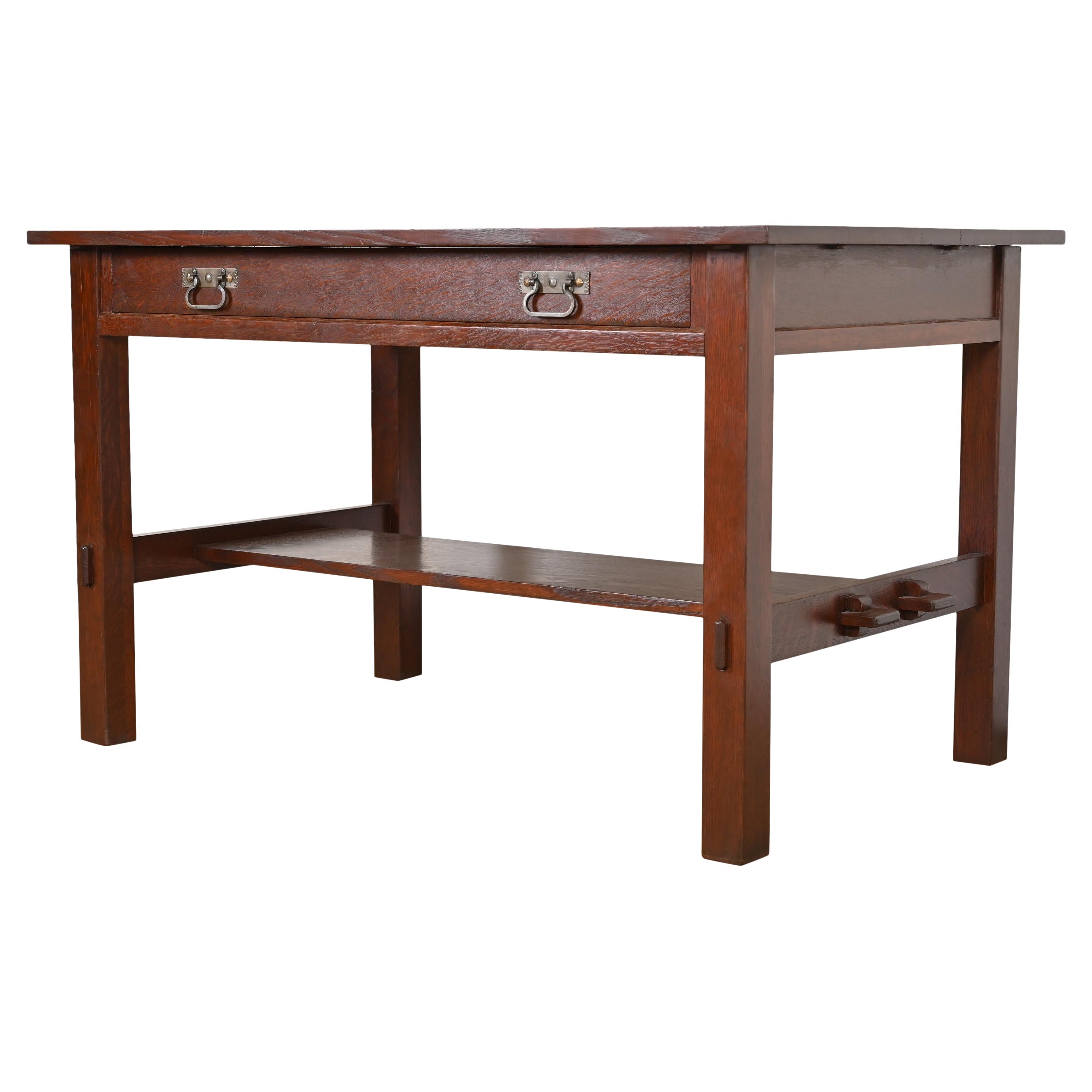 Antico scrittoio o tavolo da biblioteca in quercia Mission Arts & Crafts di Stickley