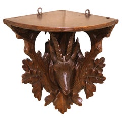 19th Century French Black Forest Carved Walnut Corner Shelf with Chamois Head