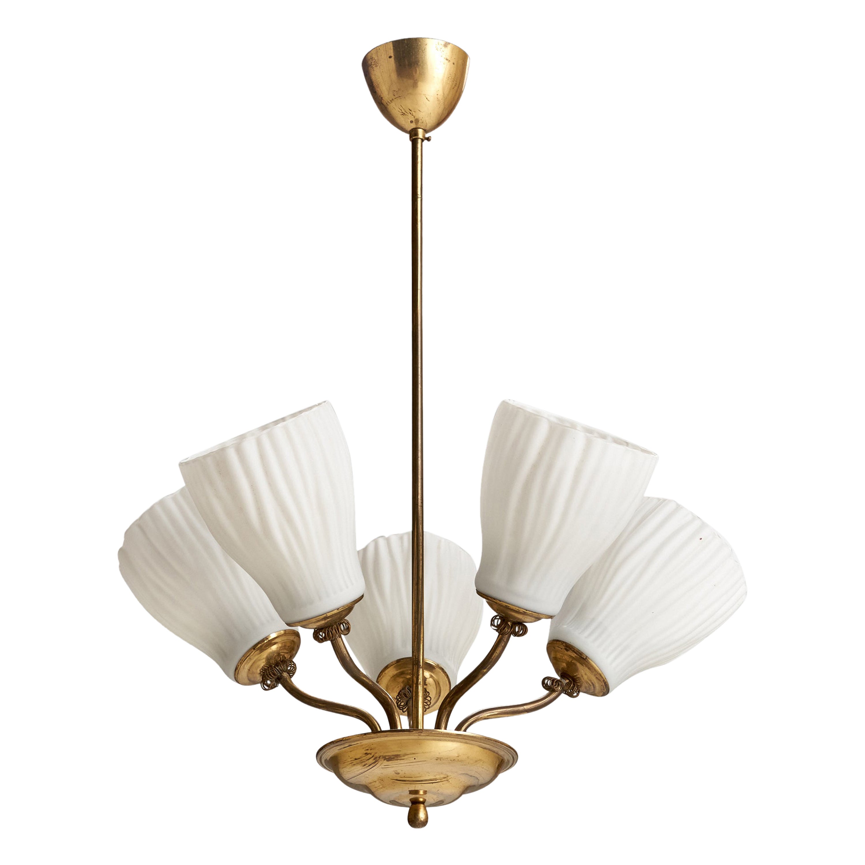 Finnish Designer, Chandelier, Brass, Glass, Finland, 1940s For Sale