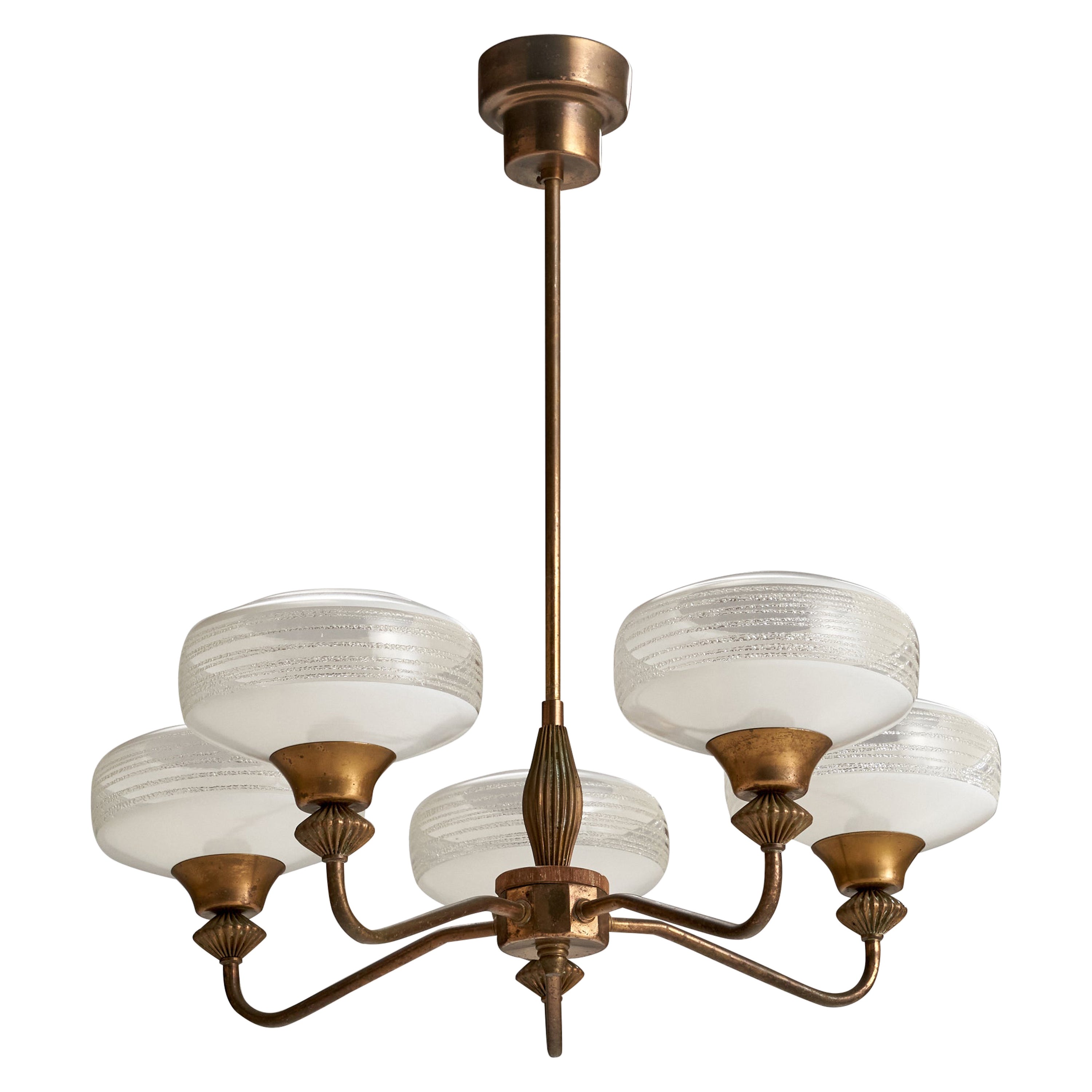 Swedish Designer, Chandelier, Brass, Glass, Wood, Sweden, 1940s For Sale