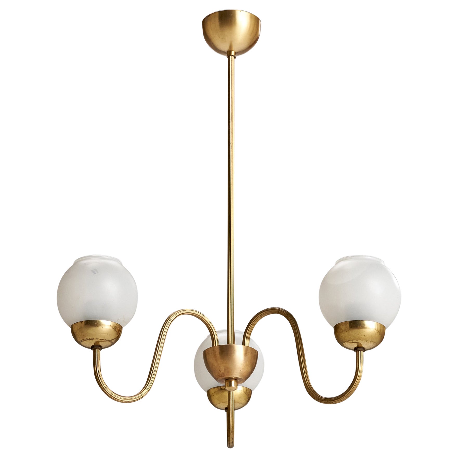 Swedish Designer, Chandelier, Brass, Glass, Sweden, 1940s