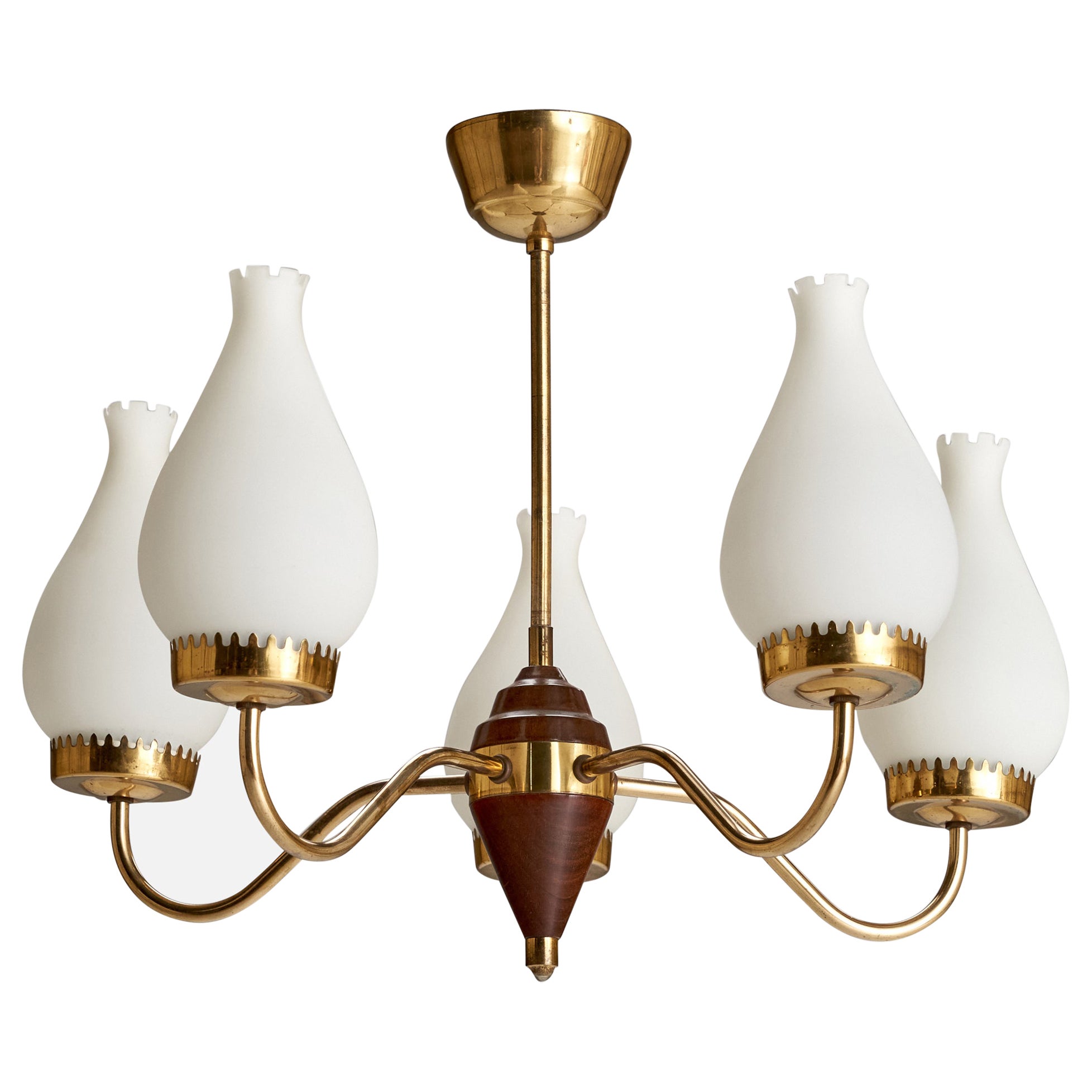 Swedish Designer, Chandelier, Brass, Wood, Glass, Sweden, 1940s For Sale