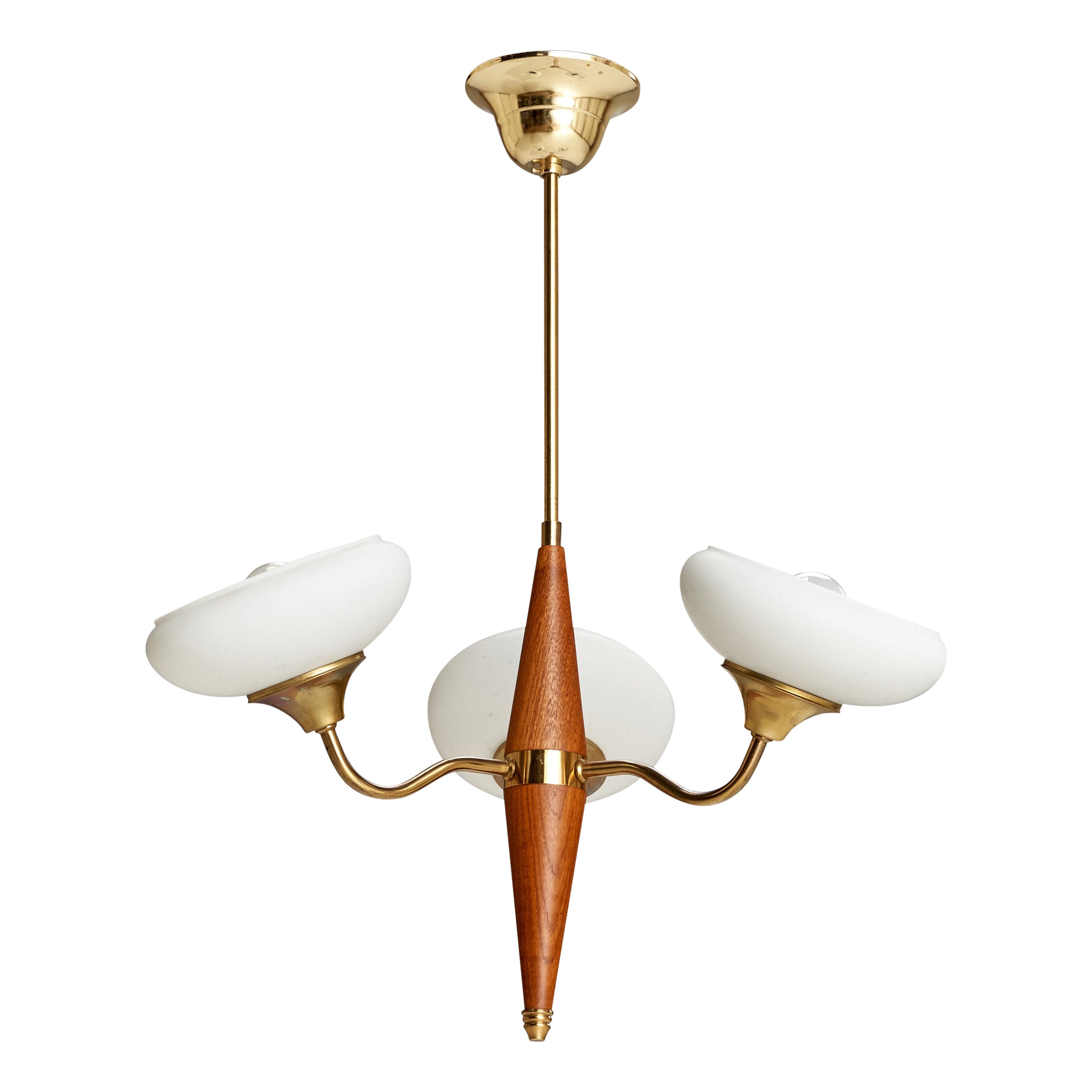 Swedish Designer, Chandelier, Brass, Teak, Glass, Sweden, 1950s For Sale