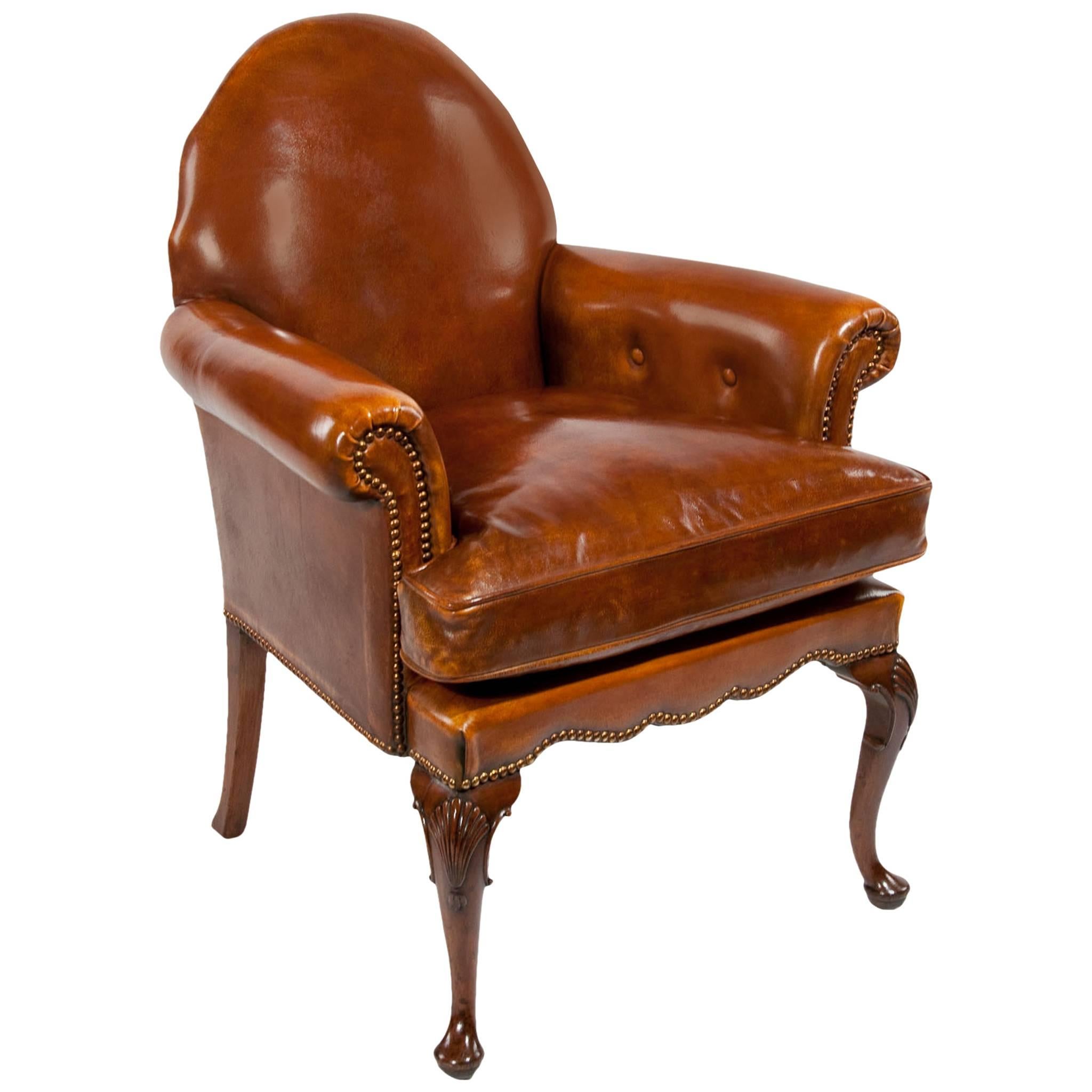Quality Antique Leather Walnut Armchair