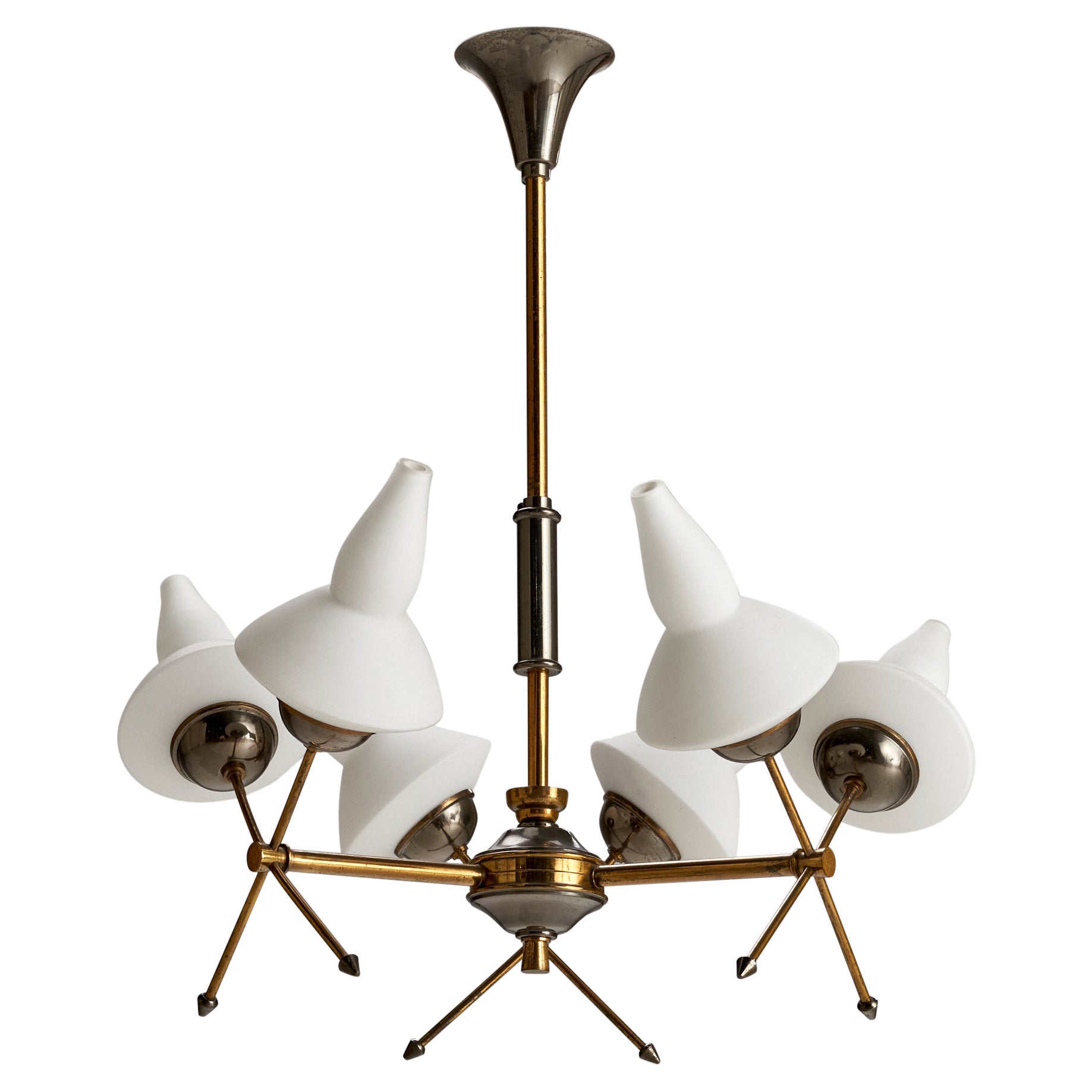 French Designer, Chandelier, Brass, Metal, Glass, France, 1950s