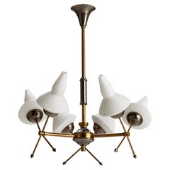 French Designer, Chandelier, Brass, Metal, Glass, France, 1950s