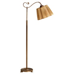 Swedish Designer, Floor Lamp, Brass, Fabric, Sweden, 1930s