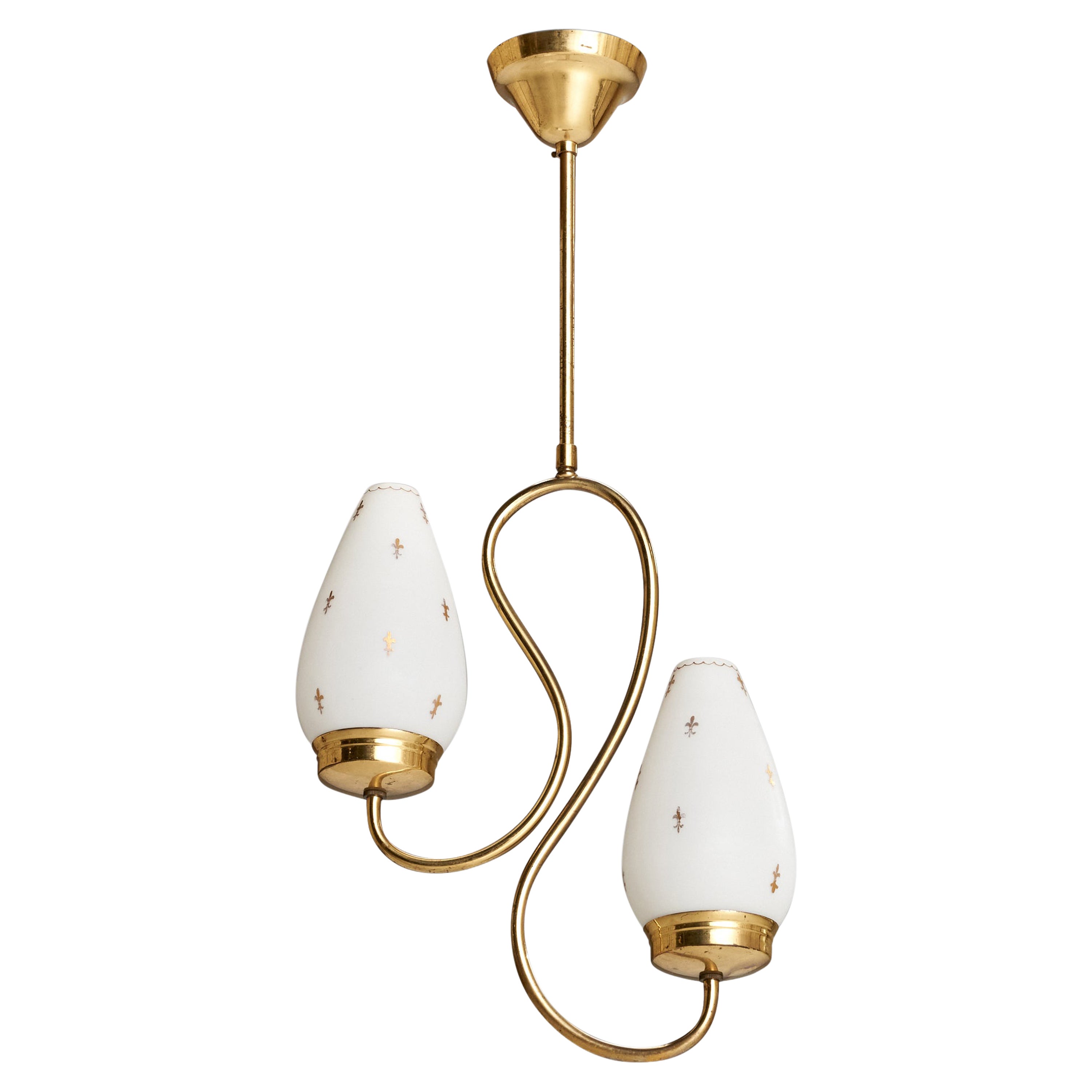 Swedish Designer, Chandelier, Brass, Glass, Sweden, 1940s For Sale