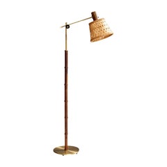 Falkenbergs Belysning, Floor Lamp, Brass, Rosewood, Rattan, Sweden, 1950s