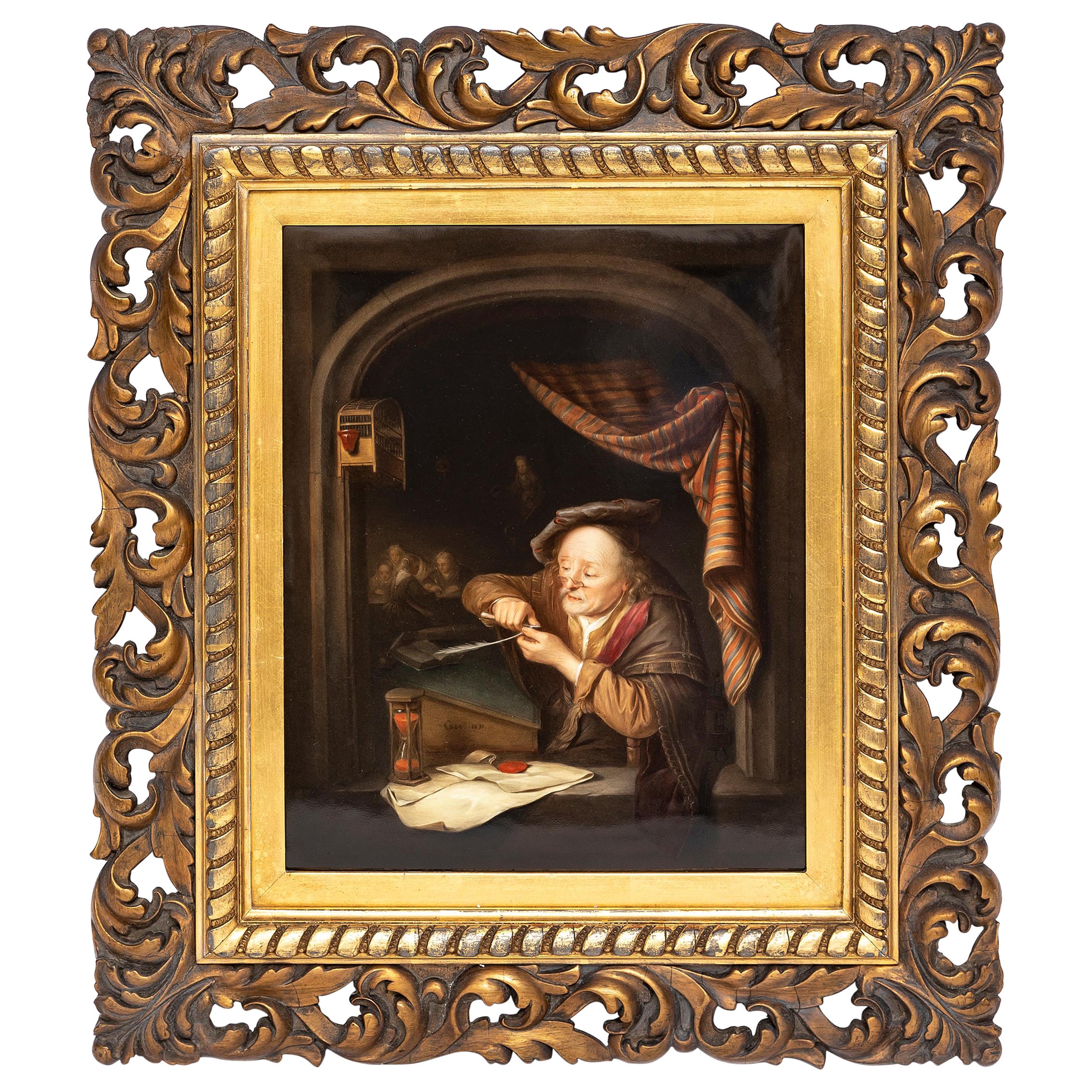 Plaque en porcelaine KPM du 19e siècle d'après Gerrit Dou, intitulée "The Schoolmaster" (Le maître d'école) en vente