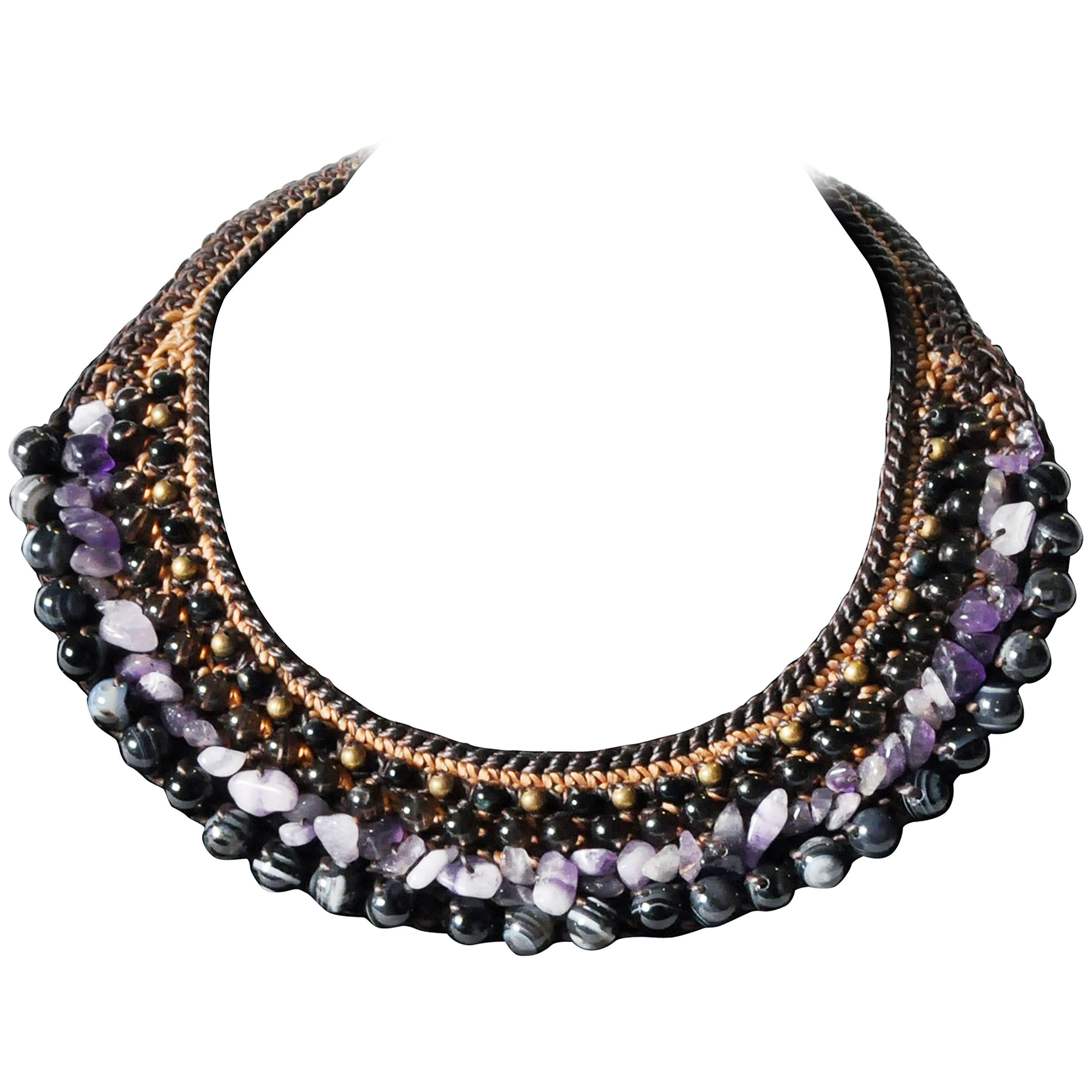 Multi Gemstone Bib Necklace in Black Agate & Amethyst