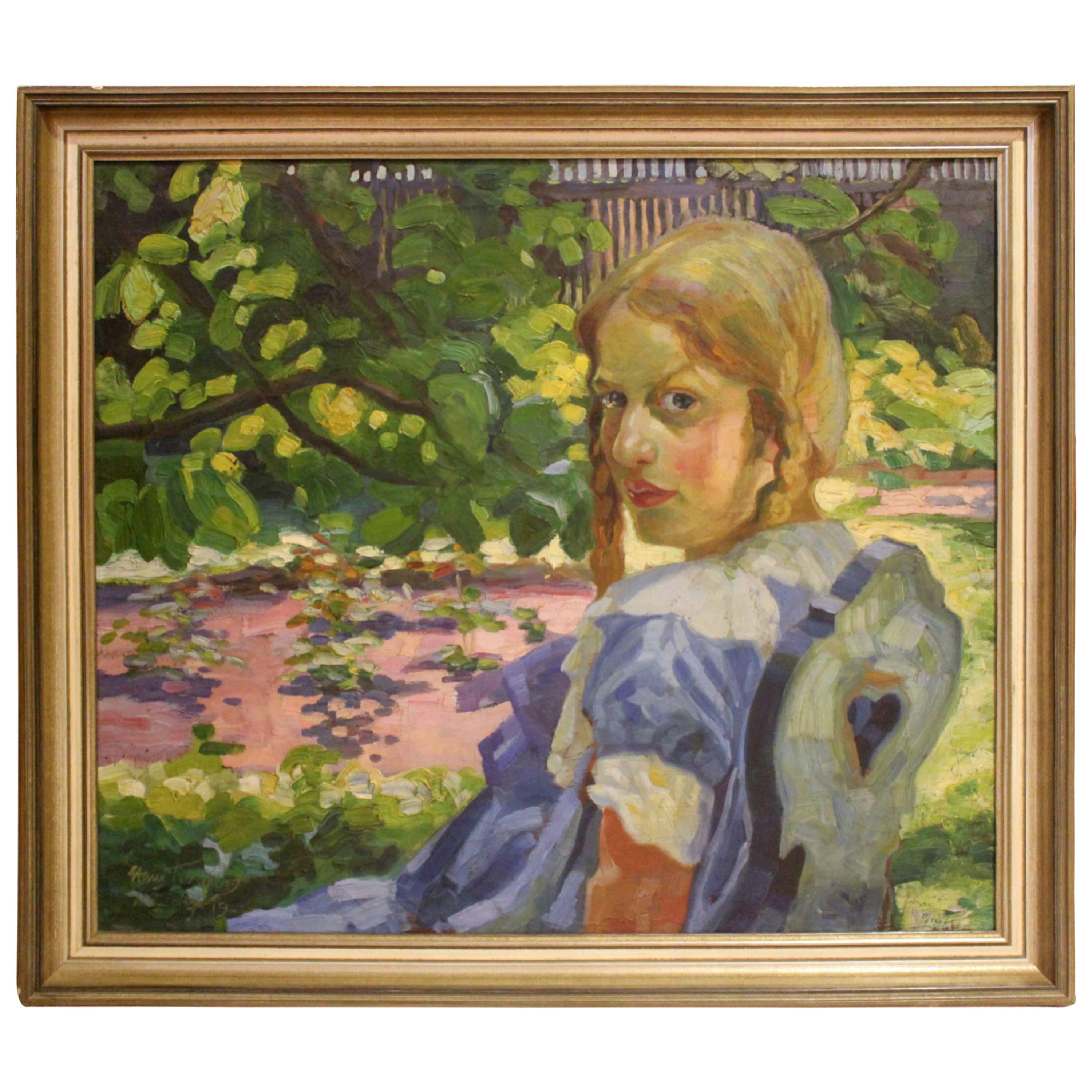 Portrait of a Girl Sitting in a Summer Garden For Sale