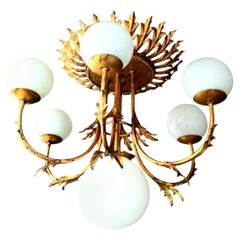 Vintage Sunburst Foliage Floral Ceiling Light / Chandelier Large Size, Rare Spectacular