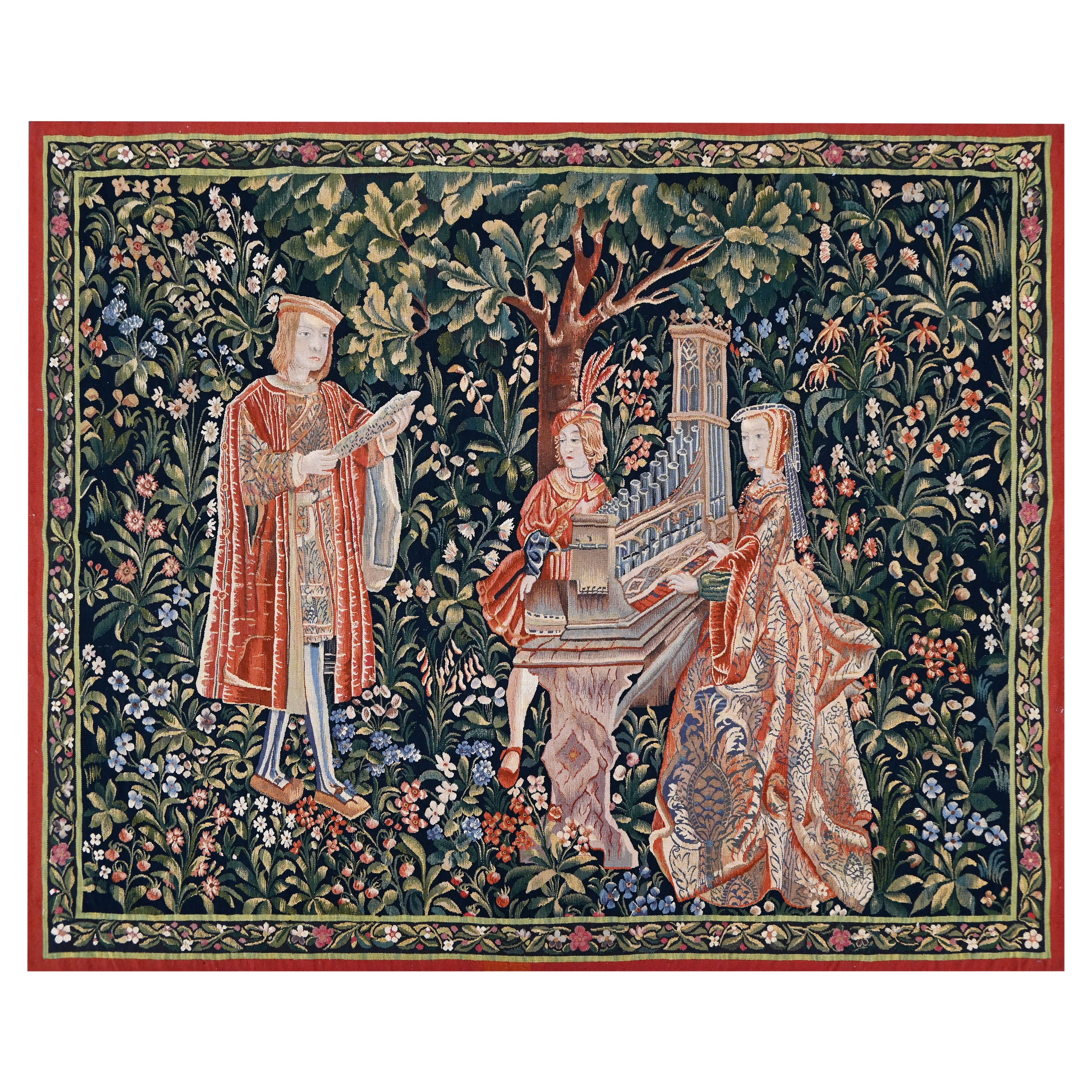 Tapestry Manufacture Aubusson "the Lady with the Organ" 19th Medieval -  N° 1427