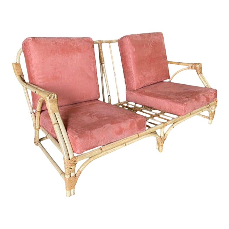 Mid-century 2-Strand Transitional Arm 3-Seat Rattan Sofa w/ Arched Base For Sale