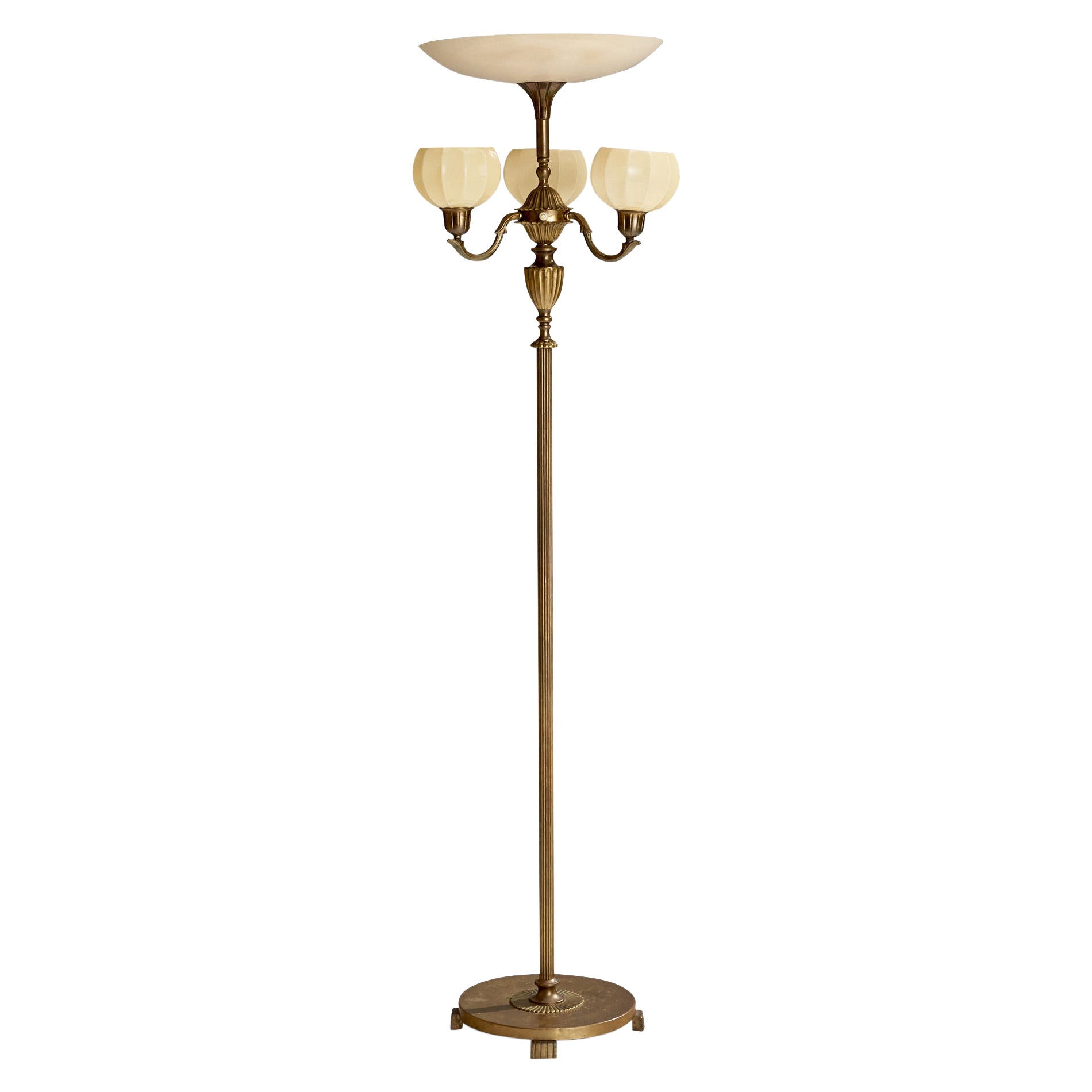 Designer suédois, lampadaire, laiton, verre, Suède, années 1930