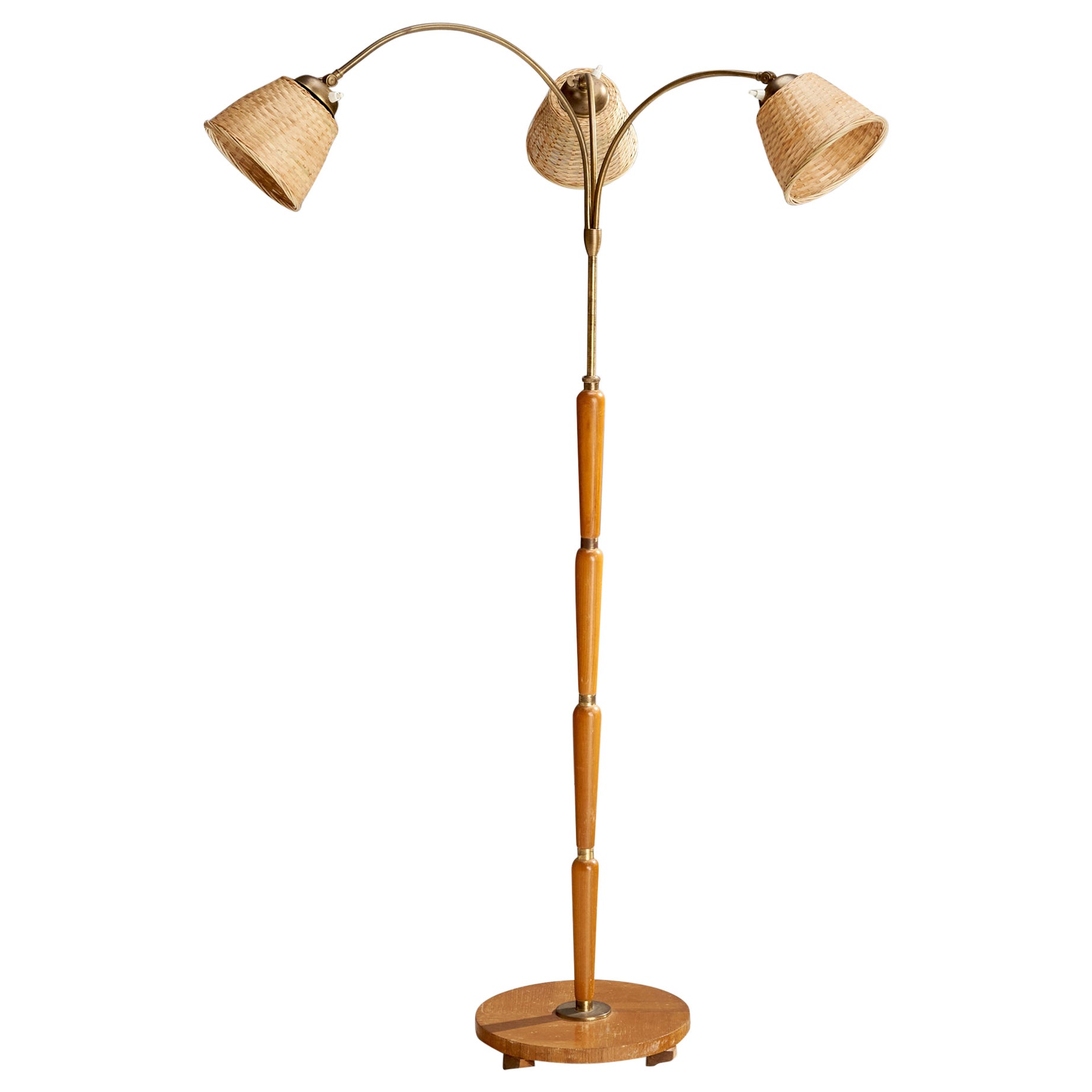 Swedish Designer, Floor Lamp, Oak, Brass, Rattan, Sweden, 1930s