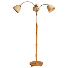 Swedish Designer, Floor Lamp, Oak, Brass, Rattan, Sweden, 1930s