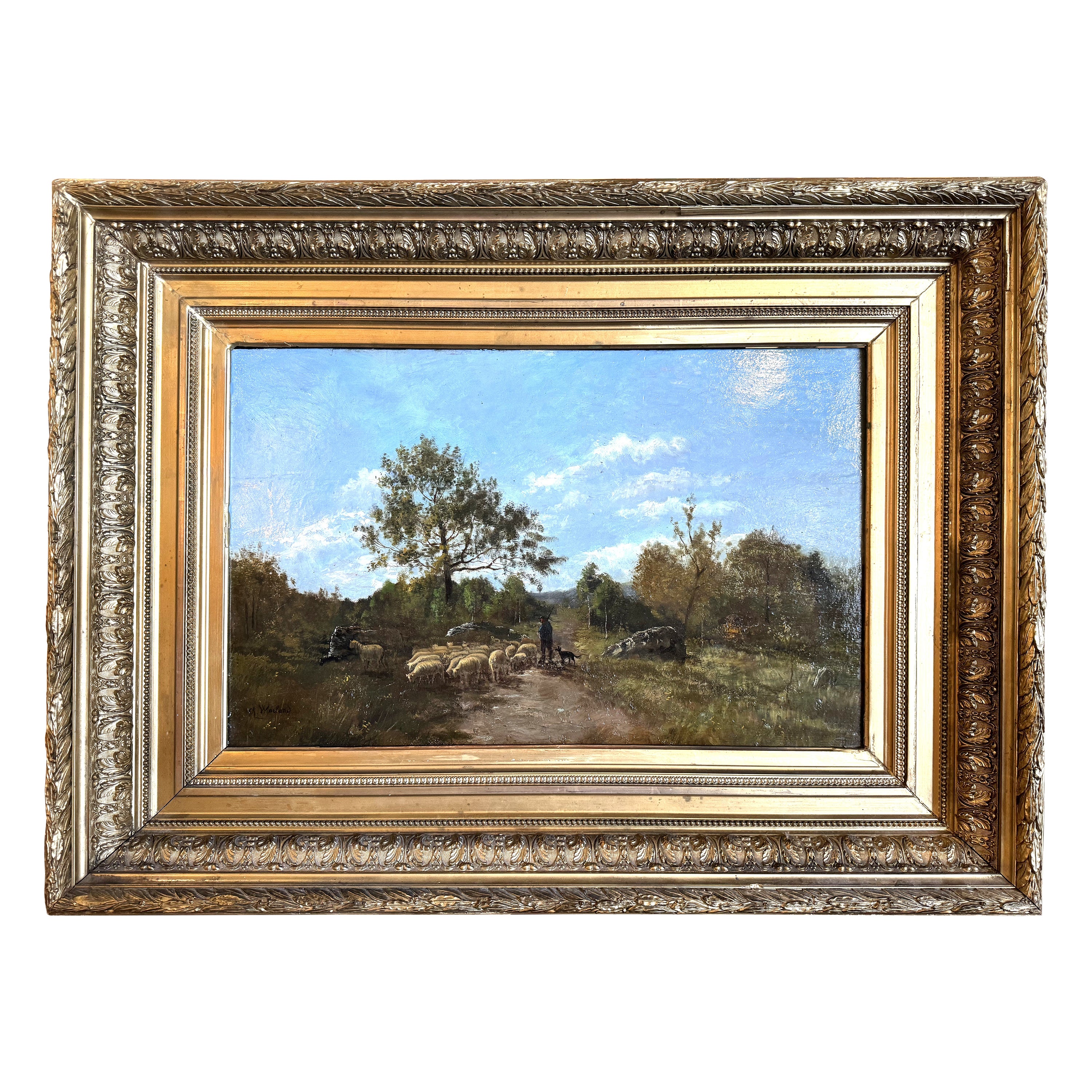 Oveja del siglo XIX Pintura al óleo sobre tabla en marco dorado tallado Firmado Ch. Warland en venta