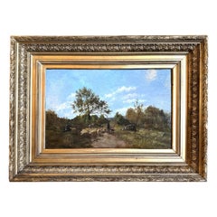 Oveja del siglo XIX Pintura al óleo sobre tabla en marco dorado tallado Firmado Ch. Warland