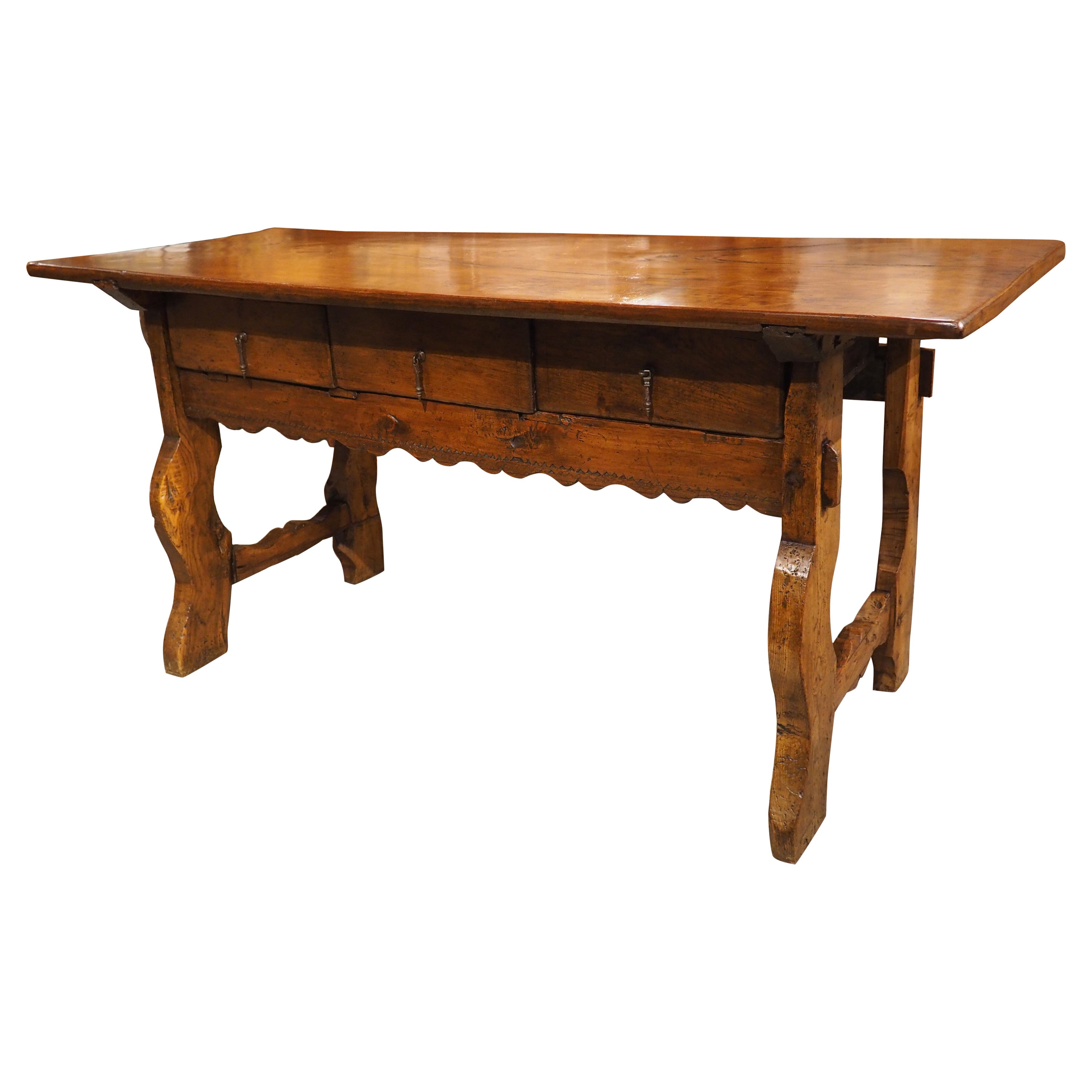 Antique Spanish 3-Drawer Mixed Wood Console Table, 19th Century