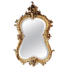 Antique French Gold Carved Wood Mirror with Beveled Glass, Circa 1865-1885.