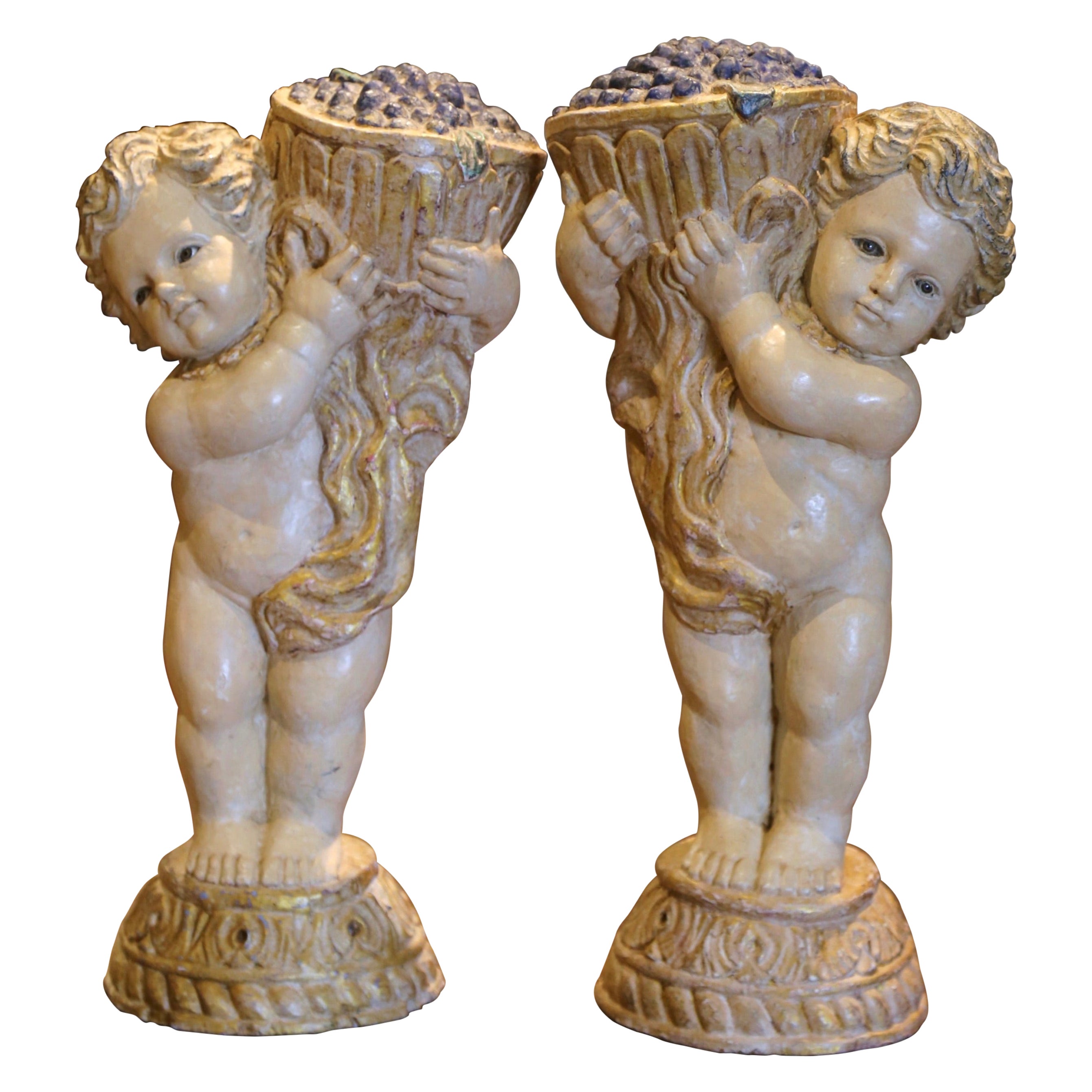 Pair 19th Century Italian Carved Polychrome and Painted Young Bacchus Statues