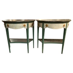 Pair of Neoclassical Style Painted Consoles with Faux Marble Tops & Drapery