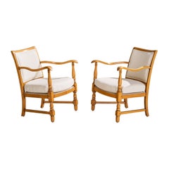 Swedish Designer, Lounge Chairs, Wood, Fabric, Sweden, 1930s