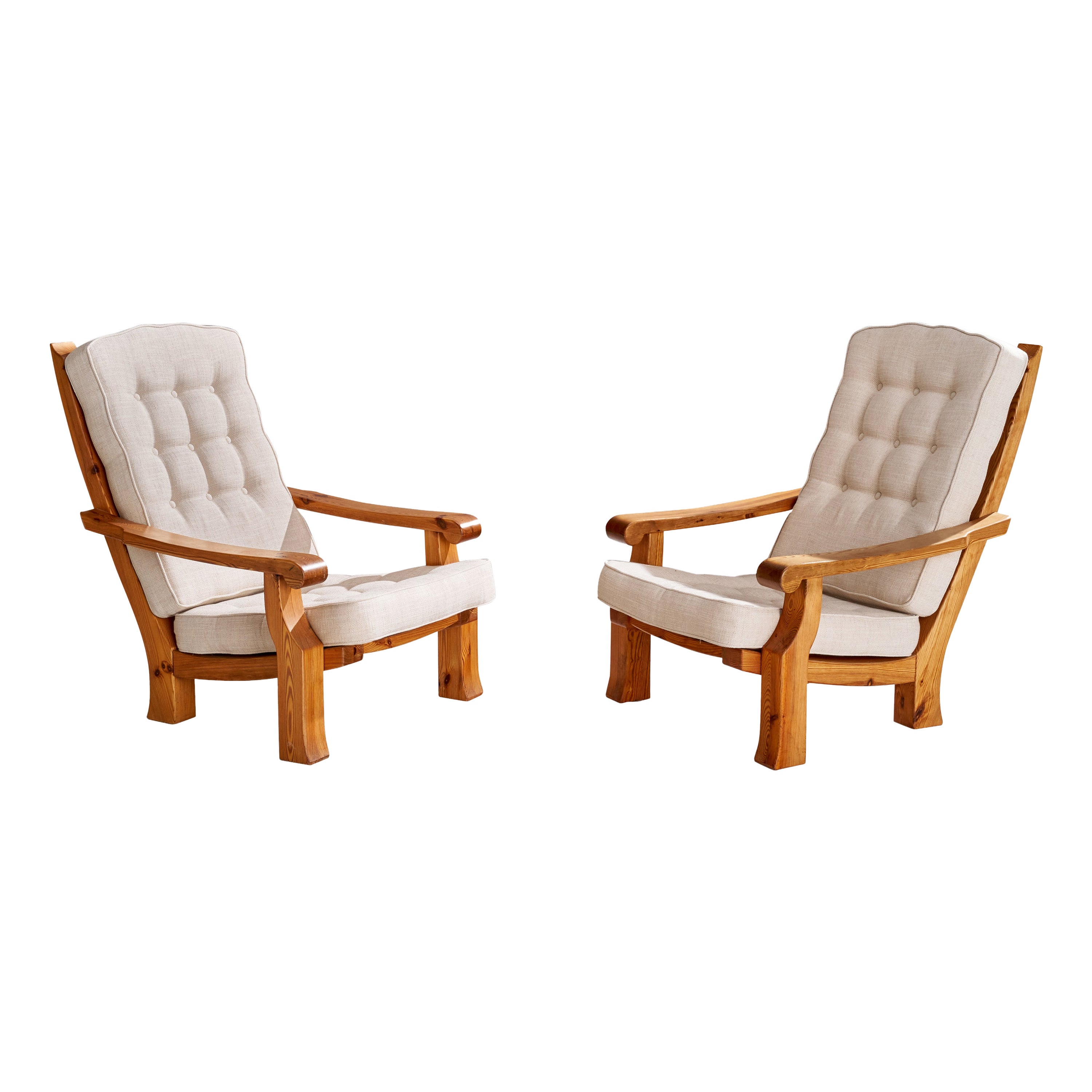 Swedish Designer, Lounge Chairs, Pine, Fabric, Sweden, 1970s For Sale