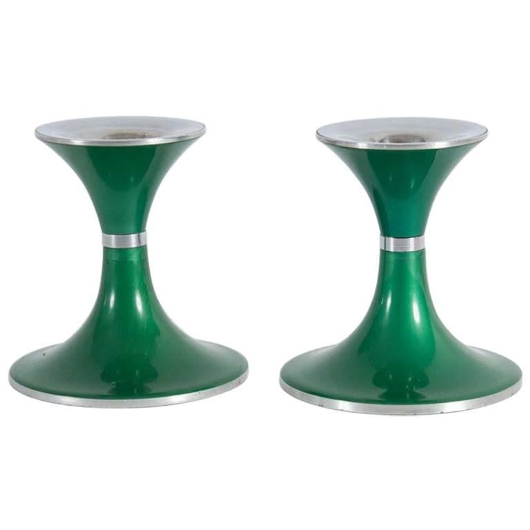 Mid-Century Modern Pair of Green Candlesticks Made of Aluminum by Emalox Norway
