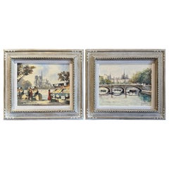 Pair of Mid-Century French Signed Framed Oil on Canvas Parisian Paintings