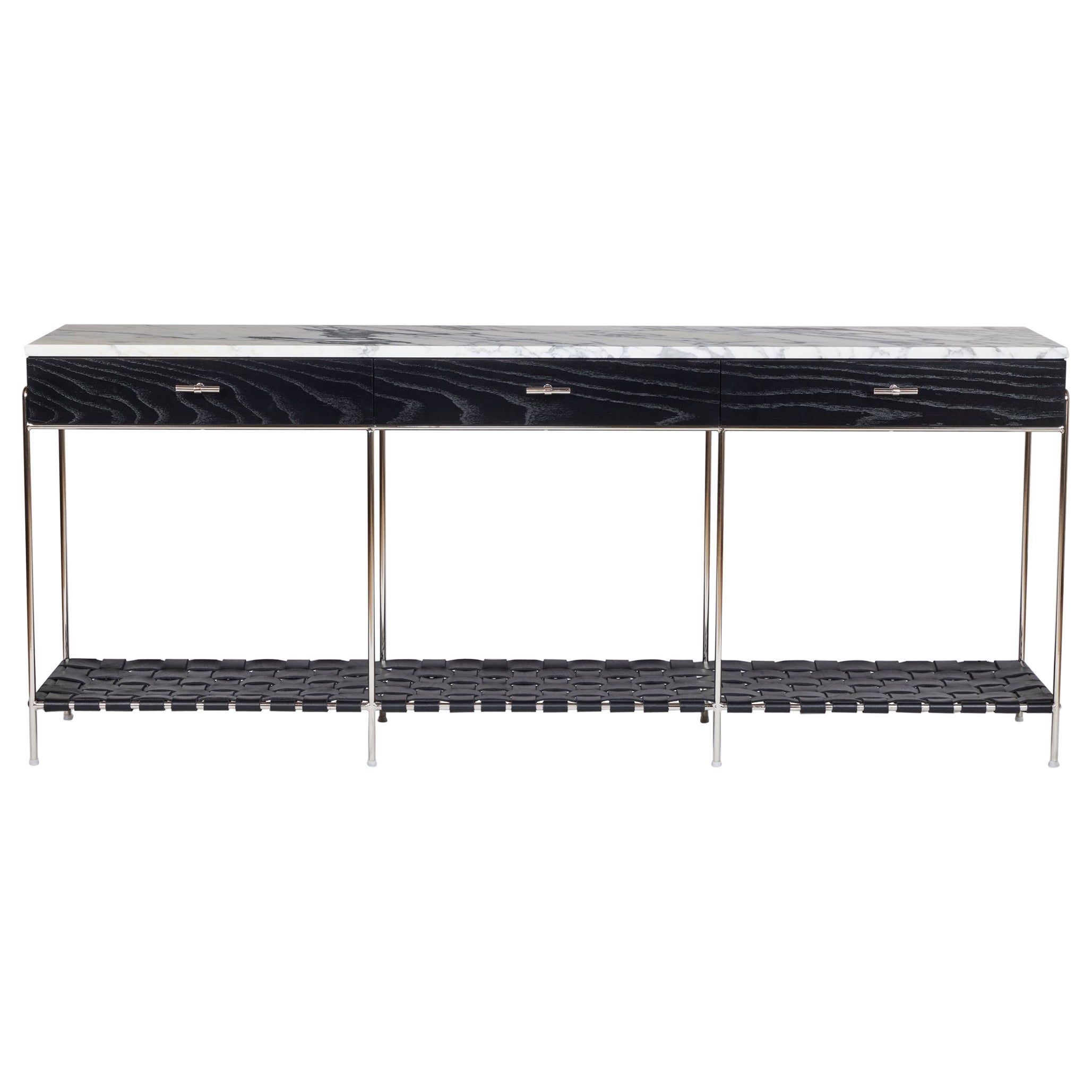 Stained Oak and Marble Console with Woven Leather Shelf - Polished Nickel Plated