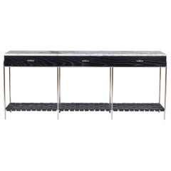 Stained Oak and Marble Console with Woven Leather Shelf - Polished Nickel Plated