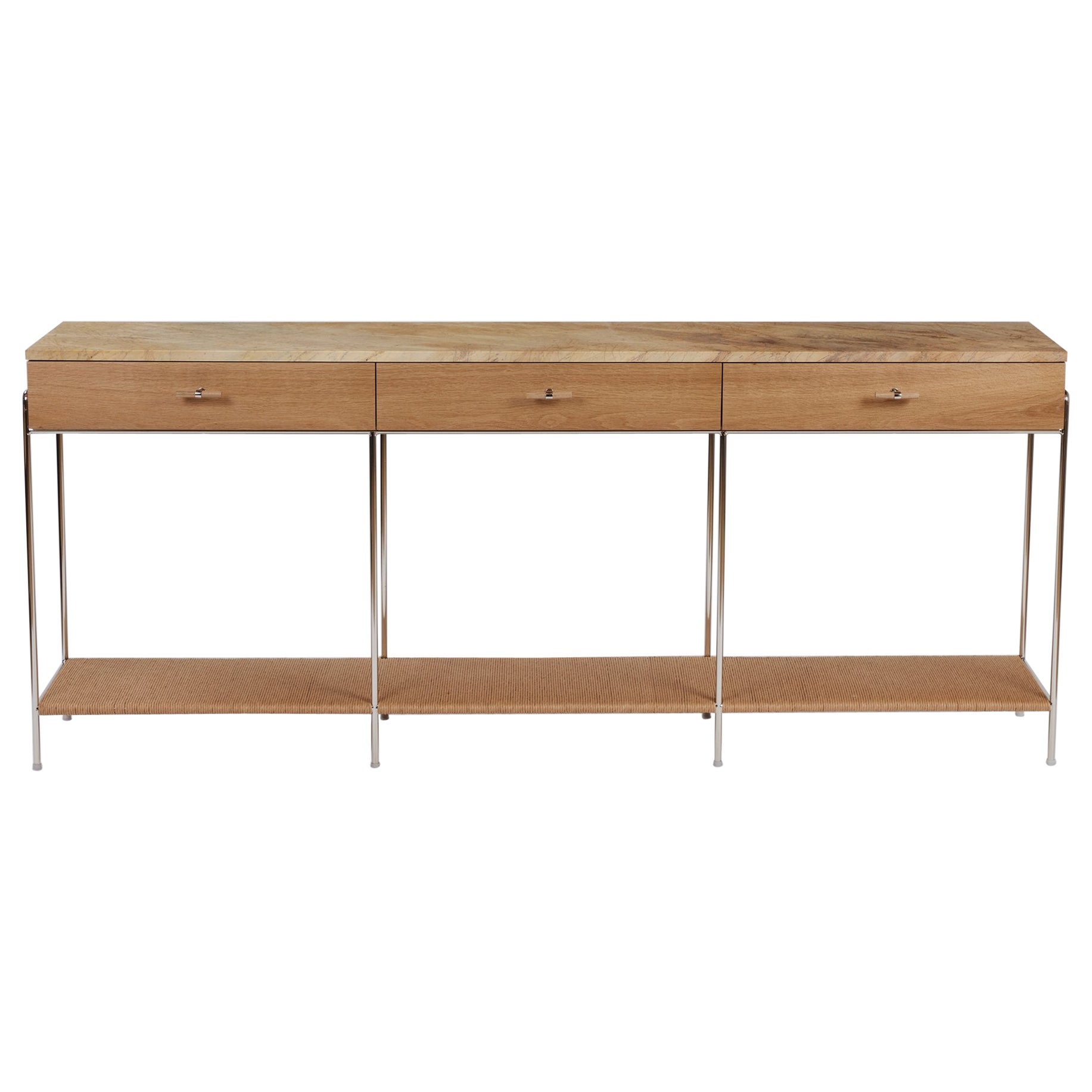 Oak and Marble Console with Rush Shelf - Polished Nickel Plated
