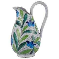 Vintage Rare Bitossi Pitcher Vase Sgraffito Flower Decor Blue Green