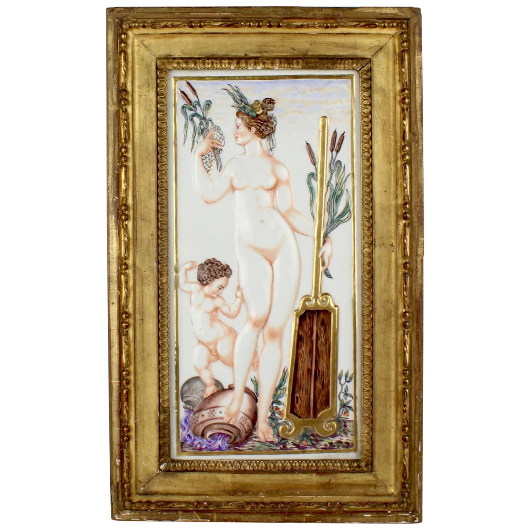 Large Antique Capodimonte Porcelain Plaque of a Naiad or Water Nymph