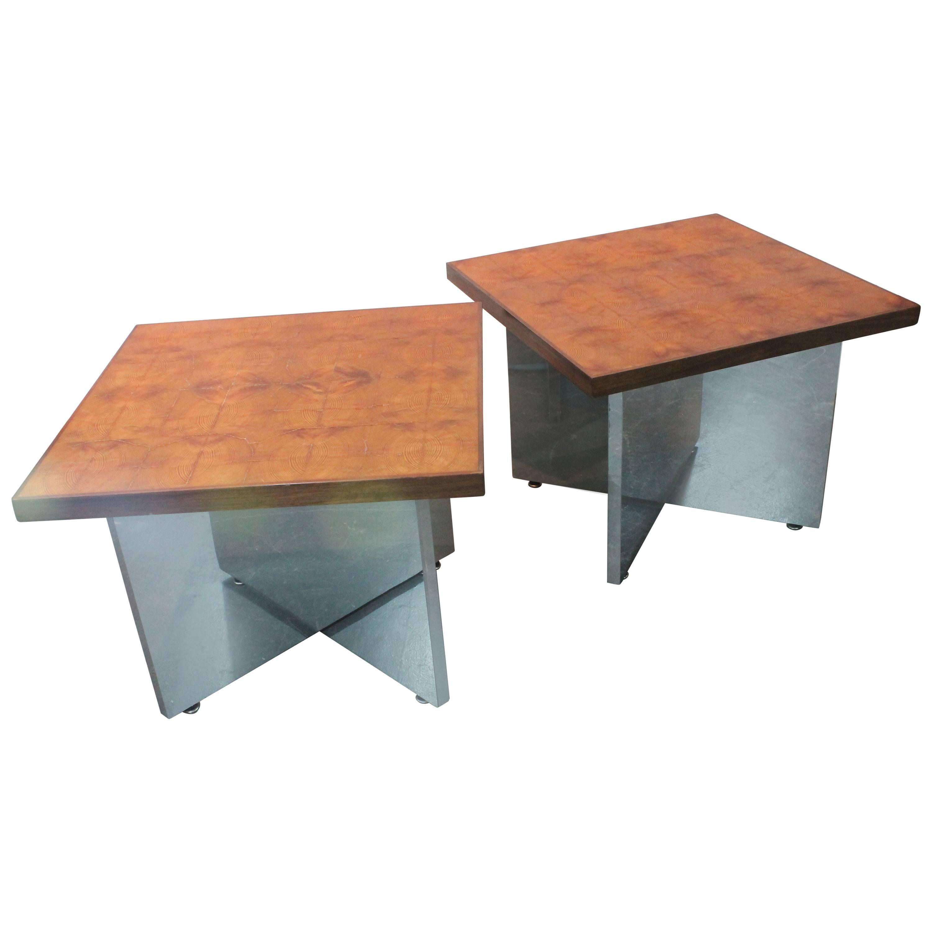 Pair of Highly Polished Chrome and Bookended Mosaic Top Side Tables For Sale