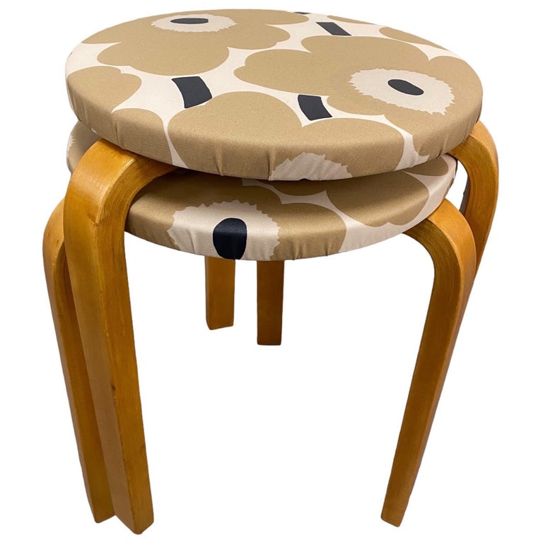 Pair of Alvar Aalto Stools Model no 60, Marimekko Unikko Textile  