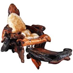 Daryl Stokes Sculptural Redwood Chair with Ottoman, USA, 1970s 7